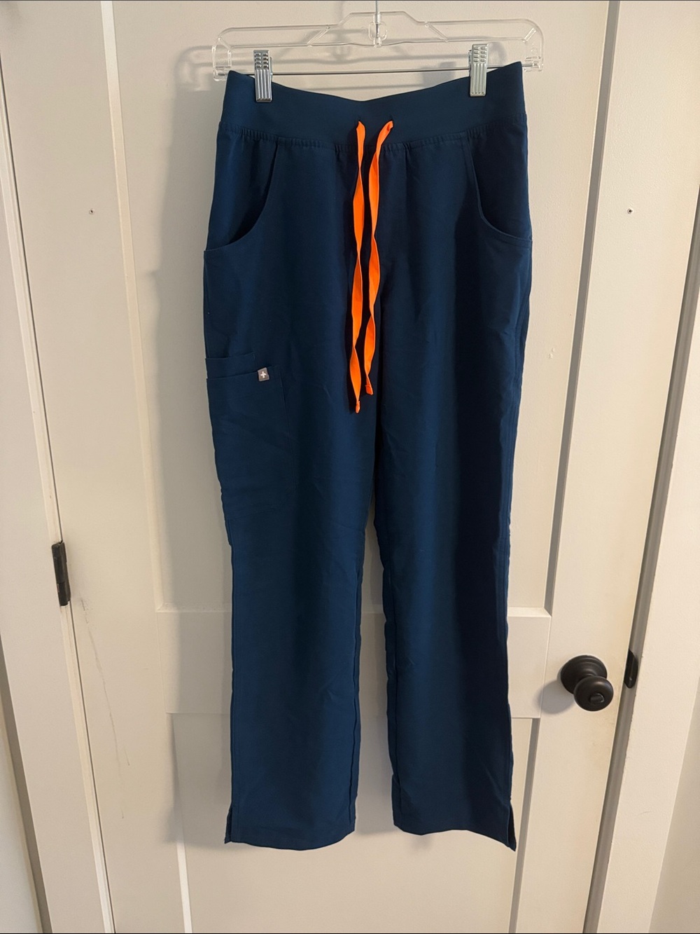 Women’s Caribbean Blue Drawstring scrub Pants with Orange Accent